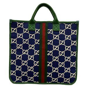 Auth GUCCI - 605831 Navy Green Multi Jacquard Handbag